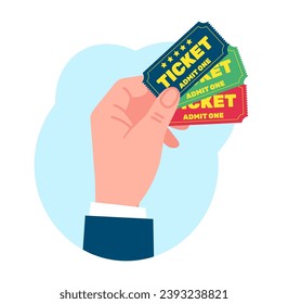 Hand holds three tickets. Cinema and theater admission. Festival entertainment. VIP show invitation. Lottery raffle paper. Premiere access. Party pass. Performance entry