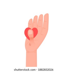 The hand holds a tiny heart for you. Card for Valentine's Day.