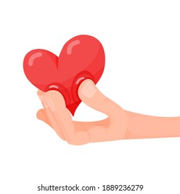 The hand holds a tiny heart for you. Card for Valentine's Day.