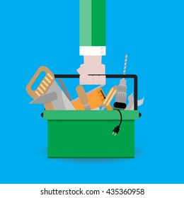 Hand holds toolbox. Tools for repair and illustration of toolkit vector