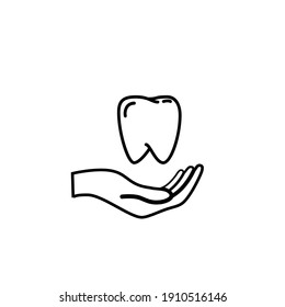 Hand holds a tooth, healthcare concept outline icon isolated on white background