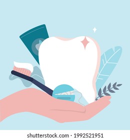 Hand holds tooth and protect from caries, disease. Various tools for oral hygiene. Dental care and healthcare concept. Medical protection. Toothbrush, paste and dental floss. Flat vector illustration