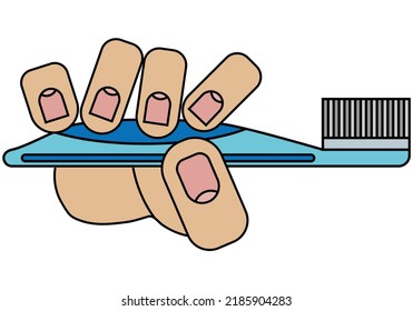 The hand holds a toothbrush. Isolated on white background in cartoon style in vector graphic