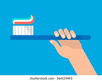 Hand holds a toothbrush with a paste. Right position. Hygiene and teeth care concept. Isolated vector illustration flat design.
