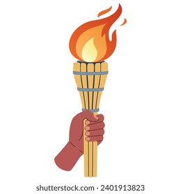 A hand holds a torch. Sports symbol, flat vector illustration design. Torch, Flame. Vector isolated burning torches flames in hands.