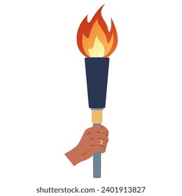 A hand holds a torch. Sports symbol, flat vector illustration design. Torch, Flame. Vector isolated burning torches flames in hands.