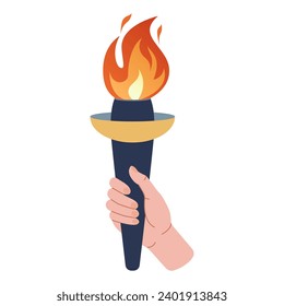 Una mano sostiene una antorcha. Símbolo deportivo, diseño de ilustración vectorial plana. Antorcha, llama. Vector aisló quemando antorchas en las manos.