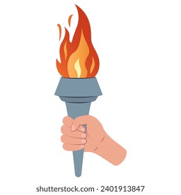 A hand holds a torch. Sports symbol, flat vector illustration design. Torch, Flame. Vector isolated burning torches flames in hands.