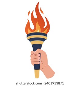 A hand holds a torch. Sports symbol, flat vector illustration design. Torch, Flame. Vector isolated burning torches flames in hands.