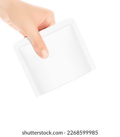 The hand holds the torn pouch bag. Vector illustration isolated on a white background. Can be used to present your product. EPS10.	