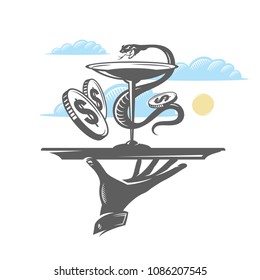Hand holds a tray with a bowl, a snake and money. Hygeia bowl, Hippocratic cup, pharmacy sign. Badge of paid medicine.