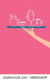 Hand holds a tray of drinks.