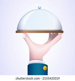 The hand holds the tray. Vector illustration in 3D style.