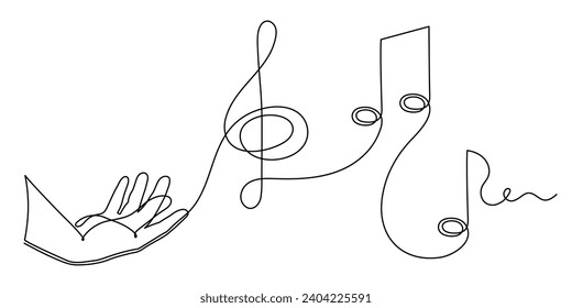 Hand holds treble clef and musical note one line art, hand drawn continuous contour. Artistic creative concept, minimalist design. Editable stroke. Isolated. Vector illustration
