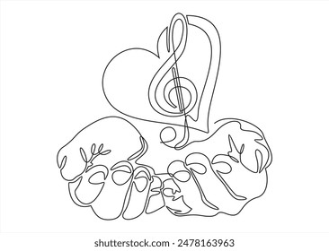 Hand holds treble clef and musical note one line art, hand drawn continuous contour.