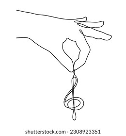 Hand holds treble clef one line art, hand drawn continuous contour. Artistic creative concept, minimalist design. Editable stroke. Isolated. Vector illustration
