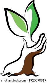 Die Hand hält Bäume oder Pflanzen. Logo, Vektorgrafik einzeln auf weißem Hintergrund