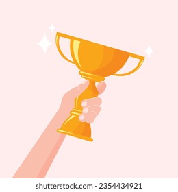 Hand holds trophy champion gold cup. Award ceremony concept. Winner success. Vector illustration in a trendy flat style isolated on pink background.