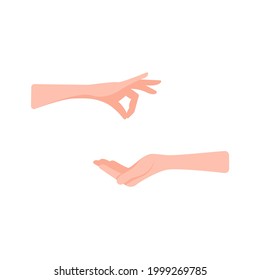 The hand holds two fingers closed in a pinch, pinch gesture. The other hand holds the palm open upward, in a gesture to ask, take, receive. Vector flat cartoon illustration isolated.