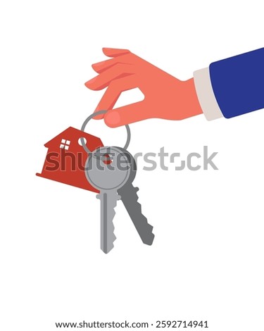 Hand holds two keys and a red keychain shaped like a house against a white background. Home rental, buying property, real estate. Sharing apartment service. Stock illustration