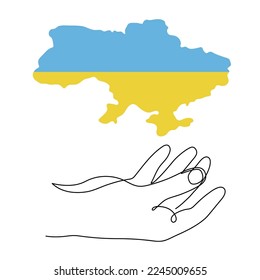 Hand holds Ukraine map outline one line art, hand drawn national blue-yellow sign of independence continuous contour. Minimalistic symbol of peace and freedom, art drawing. Editable stroke. Isolated. 