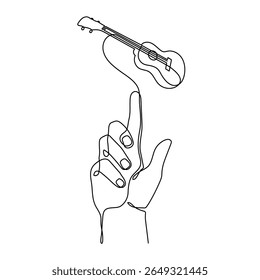 Mão segura ukulele conceito musical uma linha de arte, mão-desenhado tocando instrumento de corda havaiano desenho contorno contínuo. Símbolo acústico minimalista de melodia de contorno de guitarra pequena. Traçado editável.