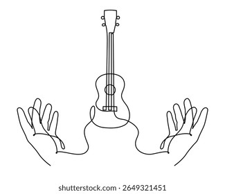 Mão segura ukulele conceito musical uma linha de arte, mão-desenhado tocando instrumento de corda havaiano desenho contorno contínuo. Símbolo acústico minimalista de melodia de contorno de guitarra pequena. Traçado editável.