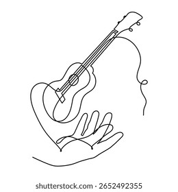 Mão segura ukulele conceito musical uma linha de arte, mão-desenhado tocando instrumento de corda havaiano desenho contorno contínuo. Símbolo acústico minimalista de melodia de contorno de guitarra pequena. Traçado editável.
