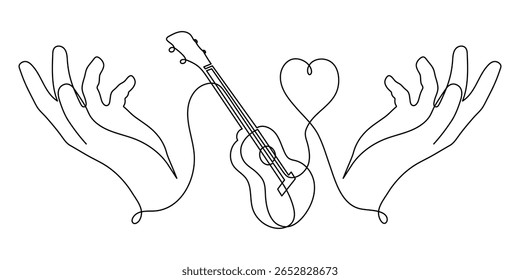 Mão segura ukulele conceito musical uma linha de arte, mão-desenhado tocando instrumento de corda havaiano desenho contorno contínuo. Símbolo acústico minimalista de melodia de contorno de guitarra pequena. Traçado editável.