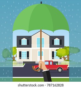 The hand holds an umbrella over the house. The concept of home security. Flat design, vector illustration, vector.