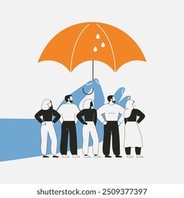 A mão segura um guarda-chuva sobre as pessoas. Segurança e bem-estar dos trabalhadores. Saúde e seguro de vida. Proteção dos direitos humanos e dos interesses de defesa da comunidade. Ilustração de vetor plano