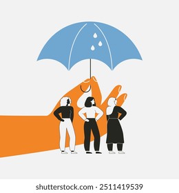 Hand holds an umbrella over women. Safety and wellbeing of females. Healthcare, medical and life insurance. Protect and defense of women's rights and empowerment. Vector illustration