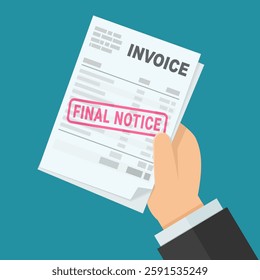 A hand holds an unpaid bill with a red "Final notice" stamp in flat design style on blue background