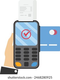 hand holds a validator machine with a check and a payment card. Completed operation icon on screen

