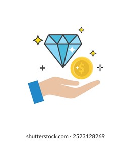 Hand holds valuable diamond and gold coin featuring a dollar sign. Ideal for finance concepts, luxury, investments, and wealth themes.