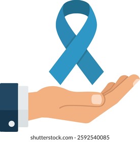 A hand holds a vibrant blue awareness ribbon, emphasizing compassion and advocacy for health issues, creating a tone of hope and solidarity.