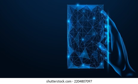 Hand holds a virtual book. Polygonal design of interconnected lines and points. Blue background.