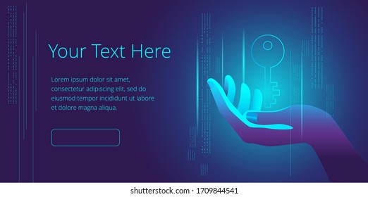 The hand holds the virtual key. Vector illustration on the topic of cybersecurity. Horizontal banner template.