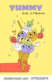 A Hand Holds a Waffle Cone with animated Ice Cream Balls. Different cute and friendly Characters with Emotions are depicted. The concept of Cold Frozen Ice Cream. Postcard and Banner. Vertical Format.