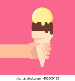 Hand holds a waffle cone with a balls of an ice cream. Isolated vector illustration flat design.