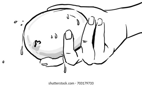 Hand holds a washed mango fruit from which water is dripping black and white vector sketch, simple drawing isolated at white