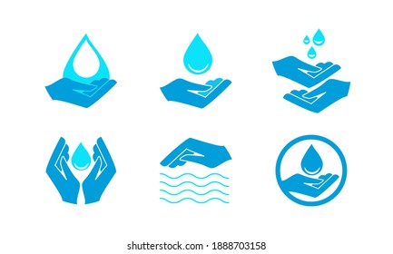 The hand holds the water drop icon. A set of vector icons. Line, glyph, and completed the circuit to keep the circuit of the water resource and filled vector sign. Symbol, logo illustration.