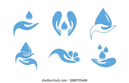 The hand holds the water drop icon. A set of vector icons. Line, glyph, and completed the circuit to keep the circuit of the water resource and filled vector sign. Symbol, logo illustration.