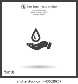 Hand holds water drop symbol. 