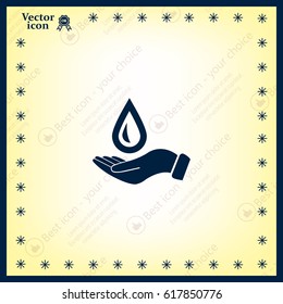 Hand holds water drop symbol. 