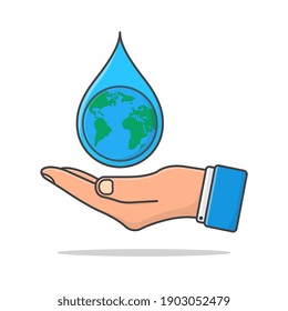Hand Holds Water Drop Vector Icon Illustration. World Water Day Flat Icon. Save Water