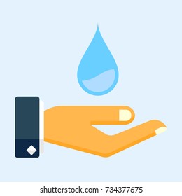 Hand holds water drop vector icon, save water flat sign 
