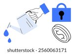 Hand holds watering can pouring water. Blue lock and dollar coin symbol are isolated. Ideal for finance, investment growth, financial security, wealth protection, and savings. Simple and modern style