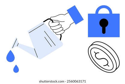 Hand holds watering can pouring water. Blue lock and dollar coin symbol are isolated. Ideal for finance, investment growth, financial security, wealth protection, and savings. Simple and modern style