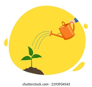 Hand holds a watering can and waters a young flower sprout. Concept of plant growth or business. Vector illustration cartoon on yellow background. 